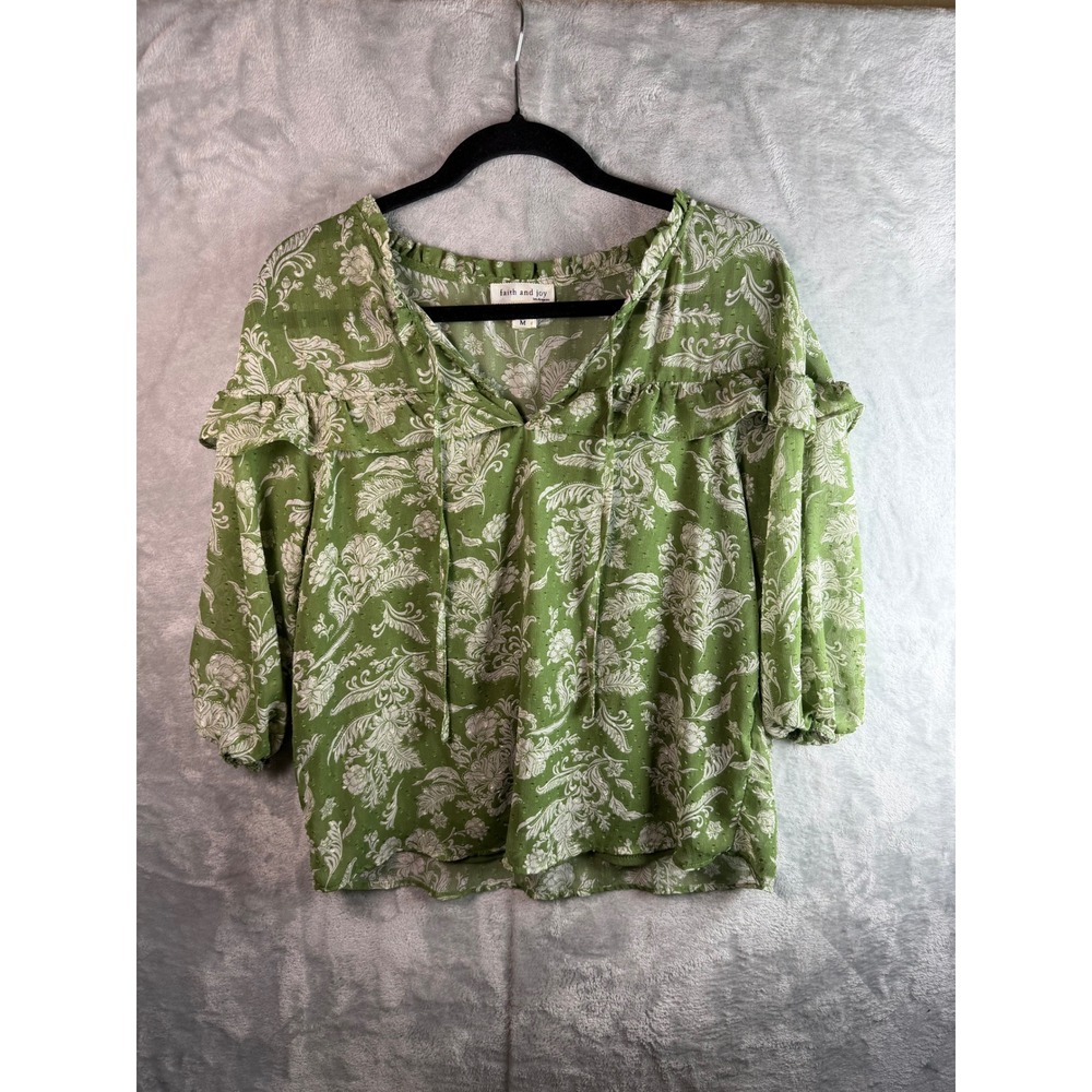 FAITH AND JOY Blouse Womens M Green White Floral Ruffle Tie Neck Peasant